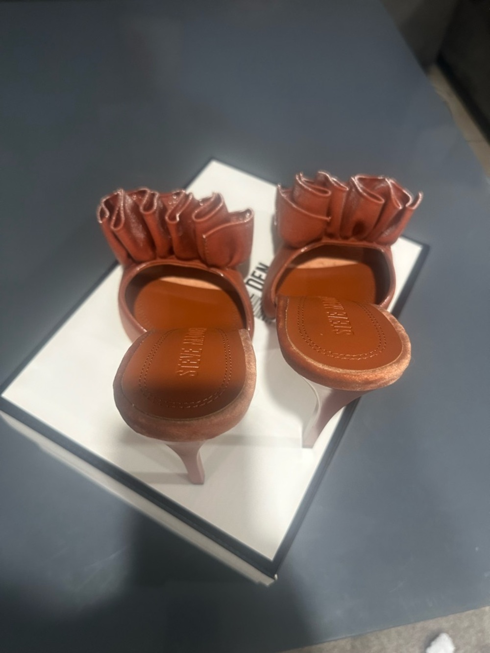 Steve Madden Affinity Rust Satin Ruffle Mule Heels - Picture 3 of 8